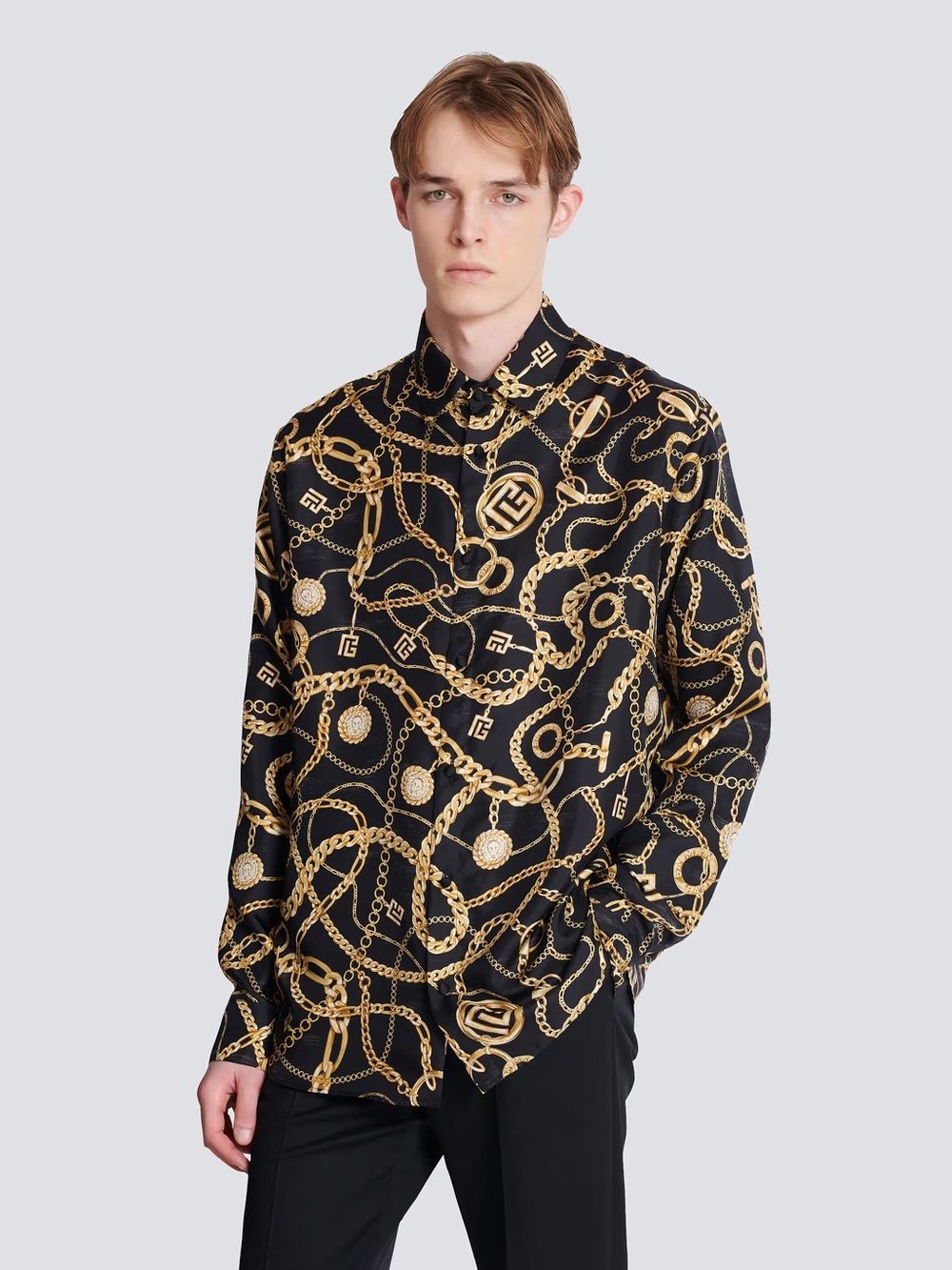 NWT BALMAIN Printed Silk Shirt With Chaînes Pattern